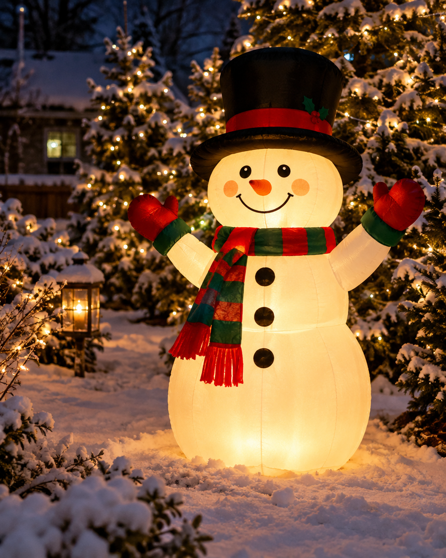 Glowing inflatable snowman at night