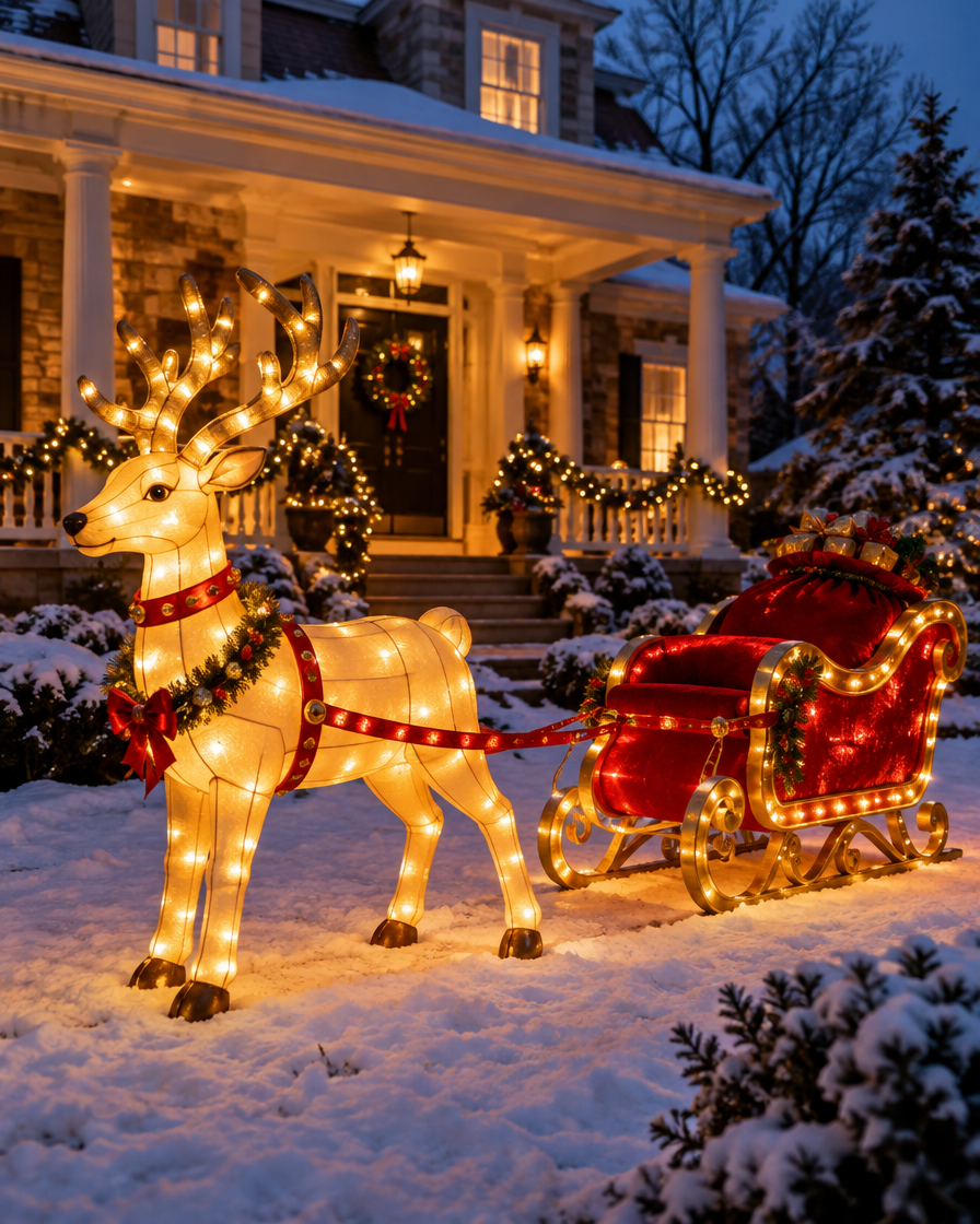 Inflatable reindeer and sleigh glowing at twilight