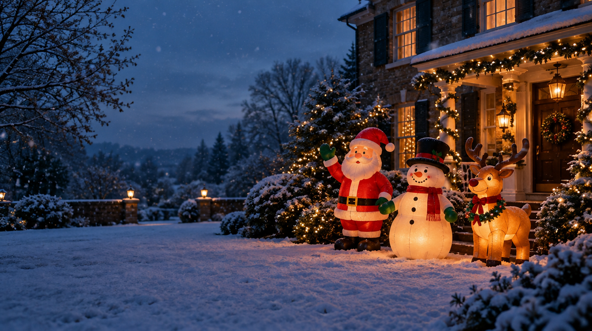 Snowy house with large glowing Christmas inflatables