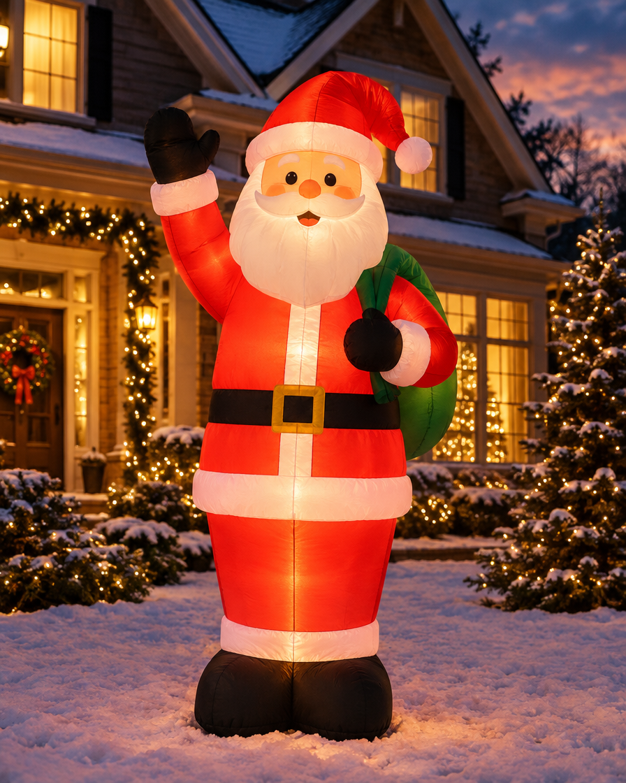 Glowing inflatable Santa on a snowy lawn