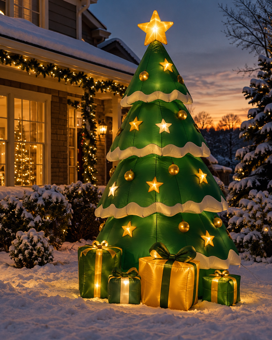 Glowing inflatable Christmas tree in a snowy front yard