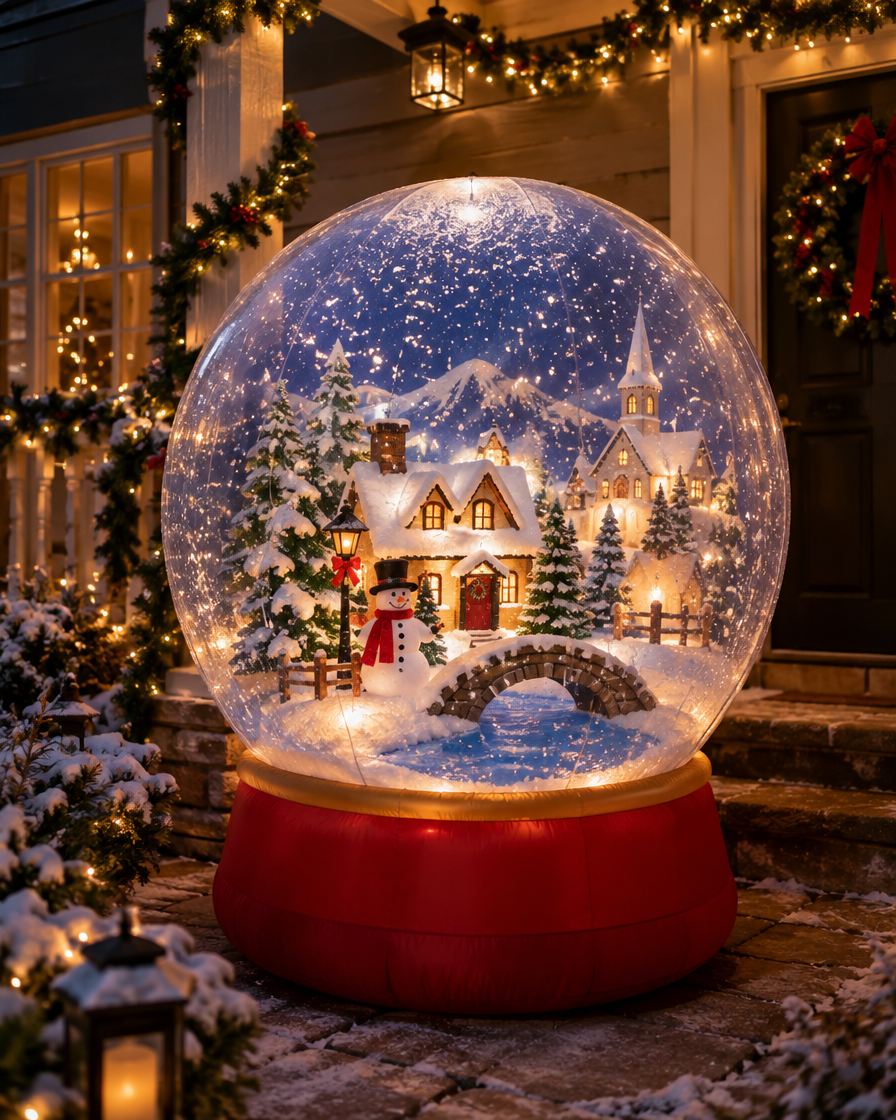 Glowing inflatable snow globe on a festive porch