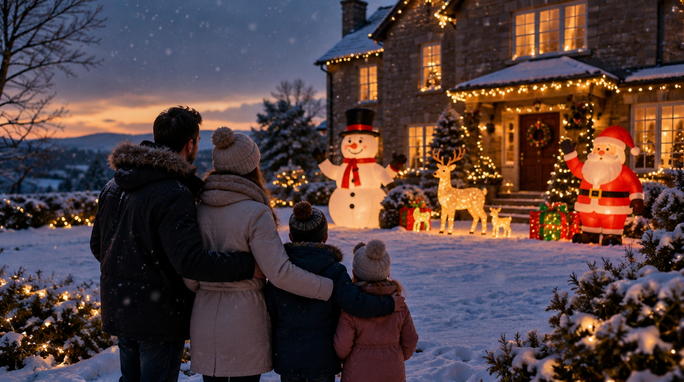 Family enjoying glowing Christmas inflatables in their front yard