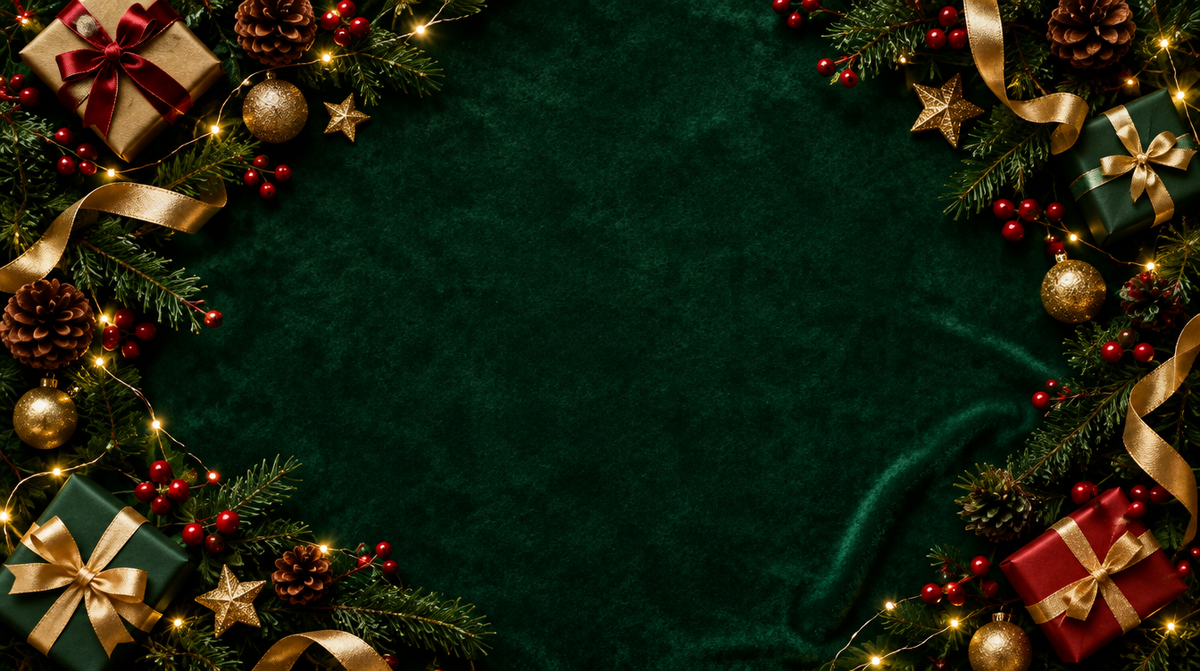 Christmas gifts wrapped on green velvet with gold ribbon