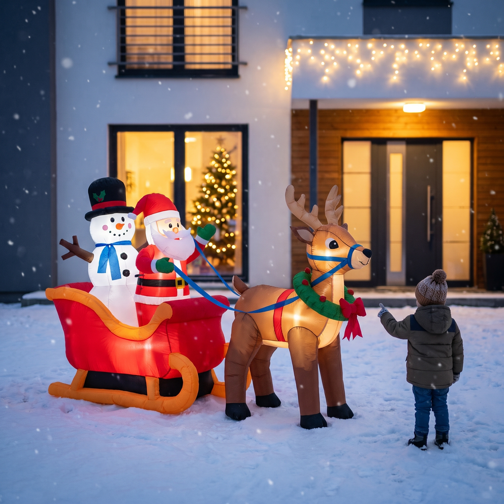 6.5 ft Santa on Sleigh with Reindeer & Snowman