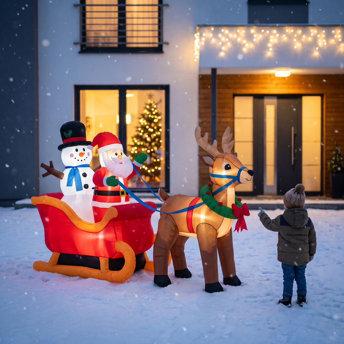 Santa's Sleigh Scene with Reindeer & Snowman