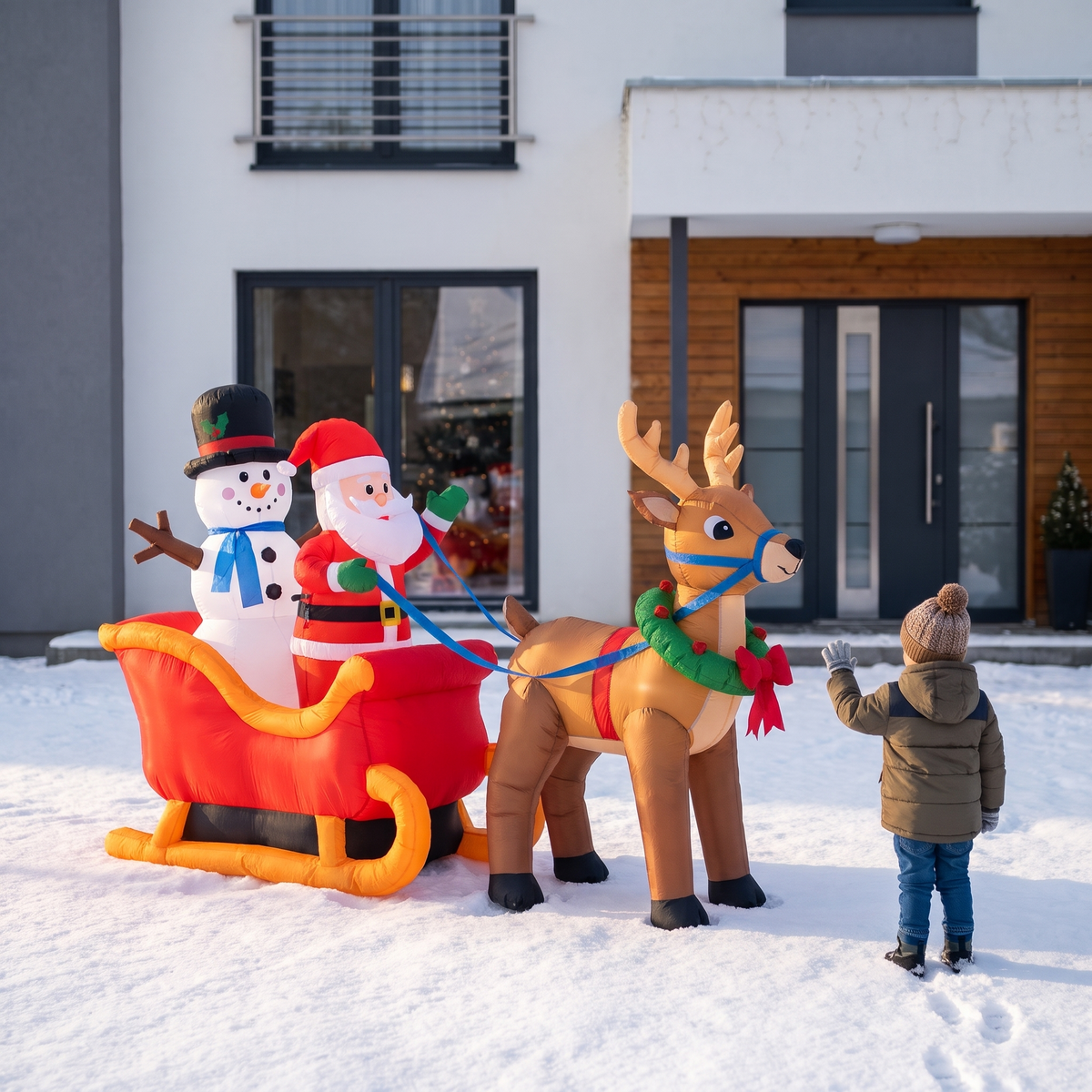 Santa's Sleigh Scene with Reindeer & Snowman