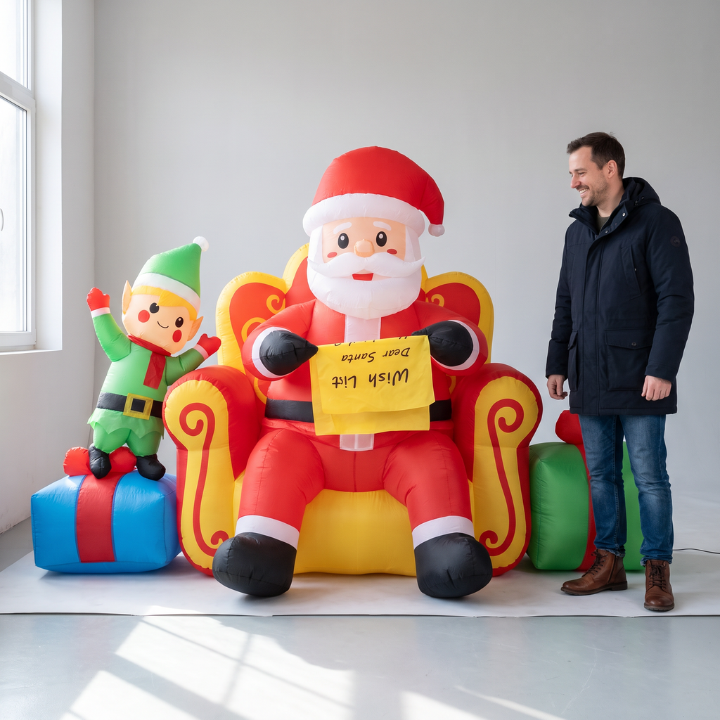 7.2 ft Santa on Sofa with Elf & Gifts
