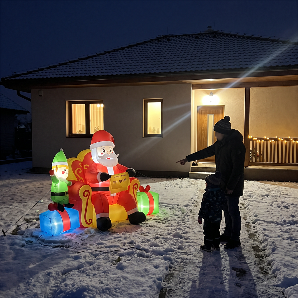 7.2 ft Santa on Sofa with Elf & Gifts